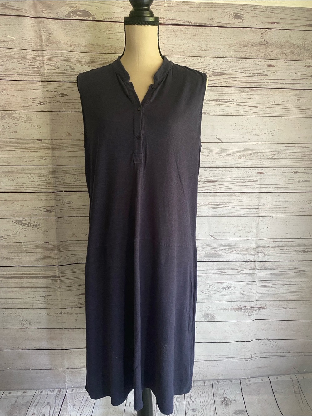 Eileen Fisher Navy Sleeveless Linen Henley Dress Size L